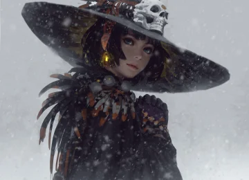女人 巫婆 幻想艺术 绘画 下雪 电脑壁纸 4K壁纸  4096x3248