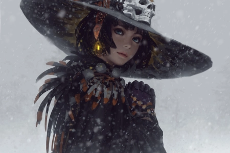 女人 巫婆 幻想艺术 绘画 下雪 电脑壁纸 4K壁纸 4096x3248