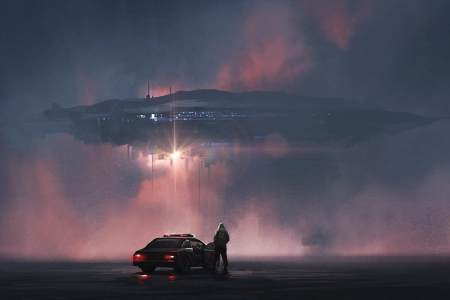 科幻 宇宙 飞船 AI艺术 未来主义 汽车 男人 警车 灯光 薄雾 云彩 4K壁纸 5000x2450