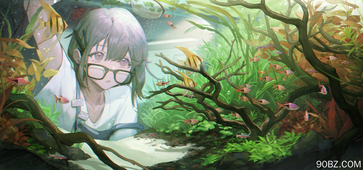 深色头发 短发 灰色眼睛 动漫 女孩 眼镜 鱼 水族馆 铅笔 时钟 4K壁纸