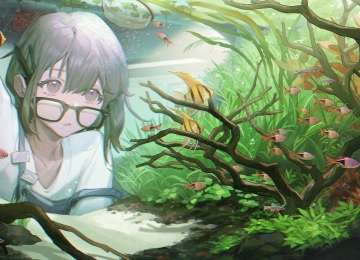 深色头发 短发 灰色眼睛 动漫 女孩 眼镜 鱼 水族馆 铅笔 时钟 4K壁纸  6414x3000