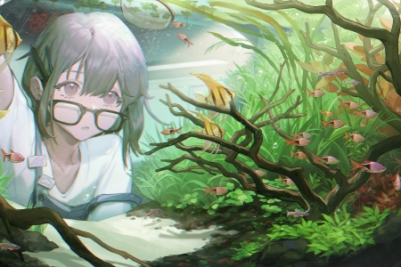 深色头发 短发 灰色眼睛 动漫 女孩 眼镜 鱼 水族馆 铅笔 时钟 4K壁纸 6414x3000