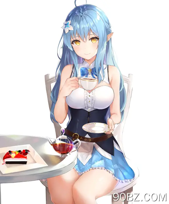 蓝色头发 微笑 动漫女孩 兽耳 茶 蛋糕 手机壁纸 4K壁纸