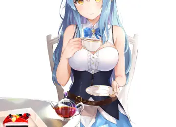 蓝色头发 微笑 动漫女孩 兽耳 茶 蛋糕 手机壁纸 4K壁纸  4848x5860