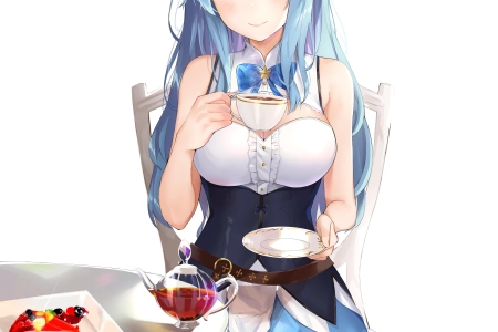 蓝色头发 微笑 动漫女孩 兽耳 茶 蛋糕 手机壁纸 4K壁纸 4848x5860