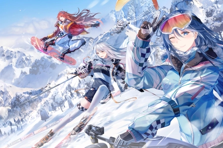 动漫 女孩 AI艺术 肖像 滑板 山 雪 运动装 4K壁纸 4200x2363