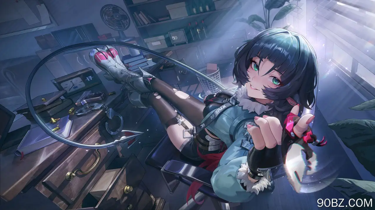 微笑 坐着 蓝色头发 蓝色眼睛 动漫 女孩 视频 游戏 靴子 手铐 尾巴 手套 阳光 树叶 百叶窗 书桌 动物耳朵 4K壁纸