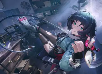 微笑 坐着 蓝色头发 蓝色眼睛 动漫 女孩 视频 游戏 靴子 手铐 尾巴 手套 阳光 树叶 百叶窗 书桌 动物耳朵 4K壁纸  3840x2160