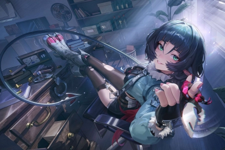 微笑 坐着 蓝色头发 蓝色眼睛 动漫 女孩 视频 游戏 靴子 手铐 尾巴 手套 阳光 树叶 百叶窗 书桌 动物耳朵 4K壁纸 3840x2160