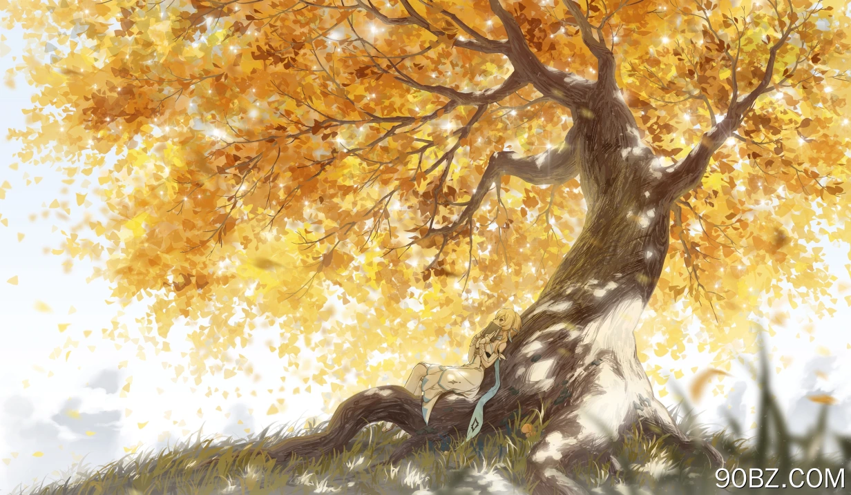 原神 动漫 女孩 树下 金色 大树 书 读书 看书 4K壁纸