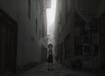 黑发 女学生 短发 动漫 女孩 都市 雨 雨伞 校服 小巷 建筑 孤独 4K壁纸  6000x3000