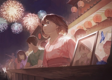 黑发 短发 动漫 动漫女孩 浴衣 和服 哭泣 棕色眼睛 蝴蝶 国风 烟火  4K壁纸  4000x2800