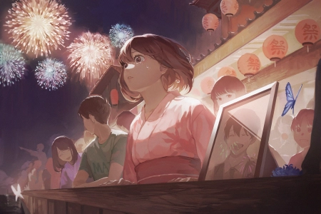 黑发 短发 动漫 动漫女孩 浴衣 和服 哭泣 棕色眼睛 蝴蝶 国风 烟火  4K壁纸 4000x2800