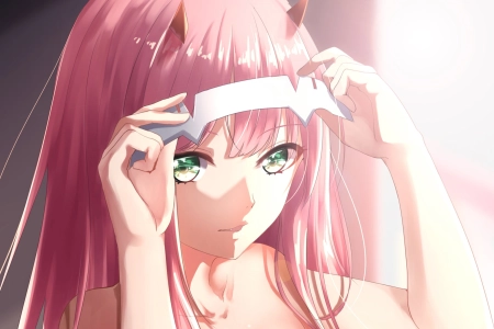 脸 绿眼睛 粉色头发 长发 动漫 女孩 零二 DARLING 4K壁纸 3840x2160