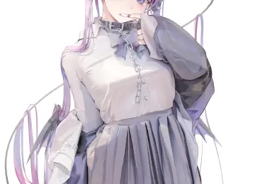 紫色头发 吉玛 动漫 女孩 紫色眼睛 角 领子 链子 白色背景 简单背景 手机壁纸 4K壁纸  4344x6080