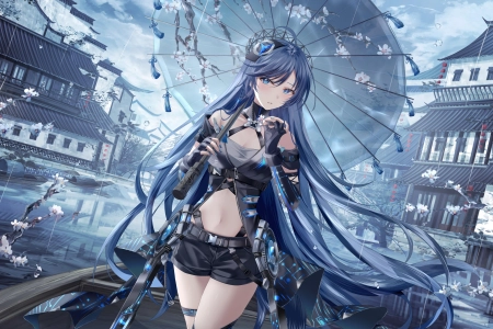 蓝头发 长发 蓝眼睛 少女卡伦 雨伞 雨 短裤 动漫女孩  电脑壁纸 4K壁纸 4200x2363