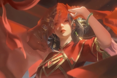 长发 黑发 女性 汉服 古风 红色 手镯 耳环 数字艺术 阳光 4K壁纸 7624x4680