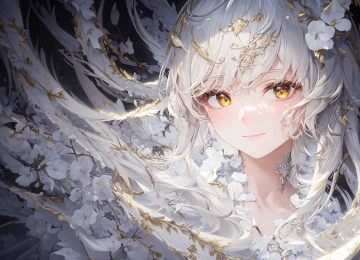 白发 长发 动漫 动漫女孩 黄眼睛 鲜花 白色衣服  电脑壁纸 4K壁纸  5120x3840