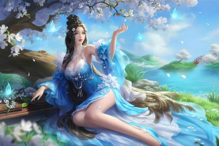 女人 电子游戏角色 亚洲 水 电子游戏艺术 鲜花 电子游戏 花瓣 树木 电脑壁纸 4K壁纸 5000x2442