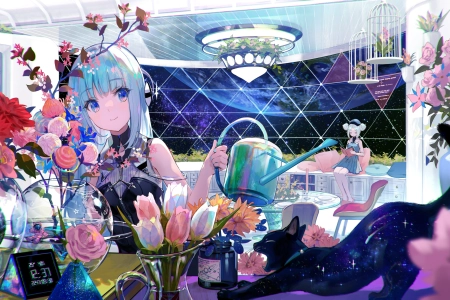 蓝头发 蓝眼睛 长发 微笑 室内 女人 动漫 女孩 太空 猫 花 行星 星星 花瓶 笼子 椅子 4K壁纸 4096x2304