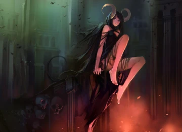 奇幻女孩 恶魔女孩 深色头发 赤脚 腿 坐着 动漫 女孩 妖魔 骷髅 角 4K壁纸  4000x2303
