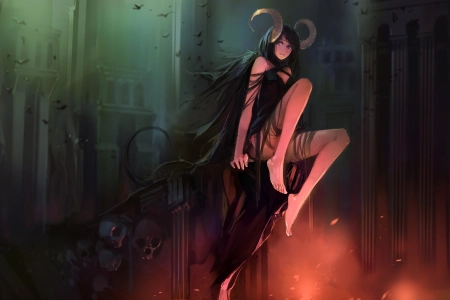 奇幻女孩 恶魔女孩 深色头发 赤脚 腿 坐着 动漫 女孩 妖魔 骷髅 角 4K壁纸 4000x2303