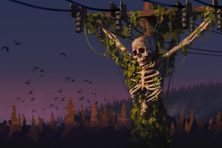 骨架 电线 黎明 鸟类 山脉 数字艺术 电线杆 4K壁纸 3840x2160