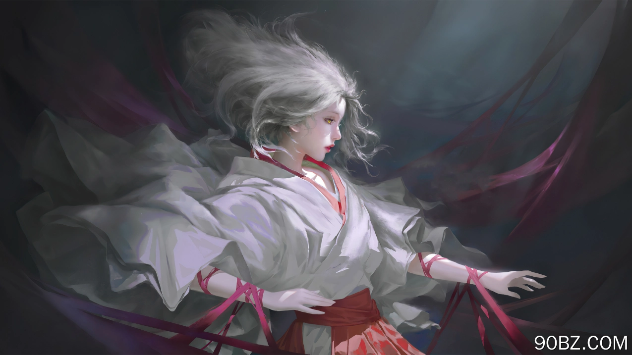 古风 少女 白发 白色衣服 唯美 丝带 红色丝带 飘逸 红色绑带 4K壁纸