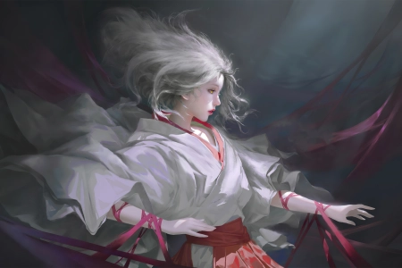 古风 少女 白发 白色衣服 唯美 丝带 红色丝带 飘逸 红色绑带 4K壁纸 3840x2160