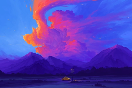 数字艺术 艺术品 插图 风景 自然 山 云 车辆 车 签名 场 电脑壁纸 4K壁纸 3840x2160
