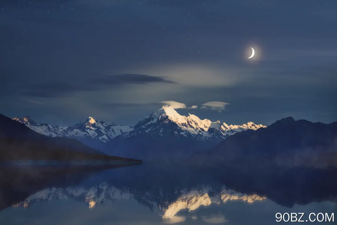摄影 反射 风景 夜晚 夜景 新西兰 库克山 月亮 山 峰 湖 水  电脑壁纸 4K壁纸