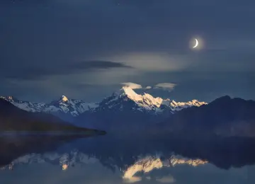 摄影 反射 风景 夜晚 夜景 新西兰 库克山 月亮 山 峰 湖 水  电脑壁纸 4K壁纸  6000x4000