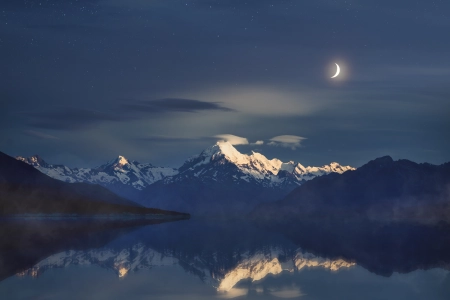 摄影 反射 风景 夜晚 夜景 新西兰 库克山 月亮 山 峰 湖 水  电脑壁纸 4K壁纸 6000x4000