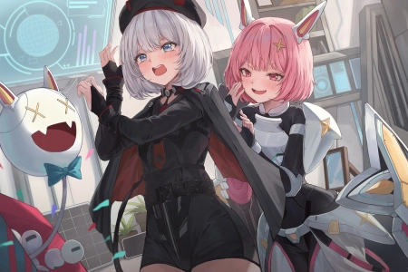 女孩 粉色头发 白发 眼泪 蓝眼睛 粉色眼睛 动漫 动漫女孩 五彩纸屑 帽子 日经 胜利女神  4K壁纸 5741x3254