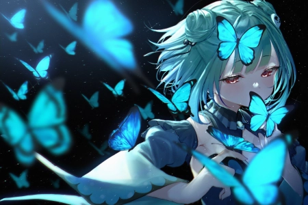  绿色 头发 动漫 女孩 虚拟 蝴蝶 蓝色 青色  电脑壁纸 4K壁纸 4096x2895