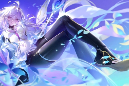 长发 微笑 交叉腿 动漫 女孩 命运 树叶 紫色眼睛 4K壁纸 6000x3398