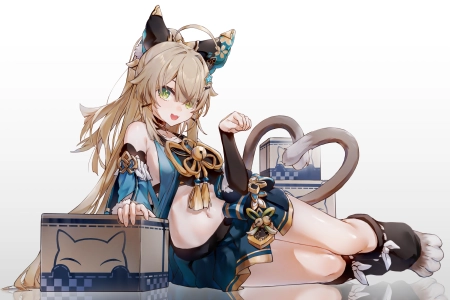 猫女孩 肚皮 肚脐 长发 侧卧 绿色眼睛 动漫 女孩 猫耳朵 猫尾巴 极简主义 白色背景 简单背景 倒影 铃声 原神 4K壁纸 6319x3790