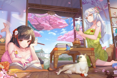 动漫 动漫女孩 樱桃树 樱花 短发 可爱 萝莉 电脑壁纸 4K壁纸 5464x3072