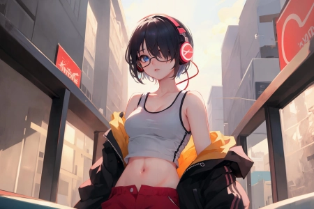 动漫 动漫女孩 艺术 眼镜 耳机 短发 运动 马甲线 电脑壁纸 4K壁纸 3840x2160