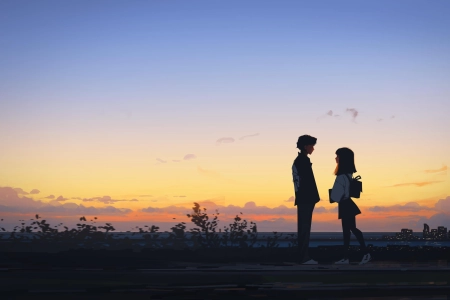 女人 情侣 站立 AI艺术 插图 男人 风景 云 城市 日落 夕阳辉光  4K壁纸 3840x2160