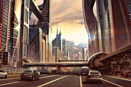 未来 城市 科幻 AI艺术  赛博朋克 汽车 交通 道路  电脑壁纸 4K壁纸 3840x2160