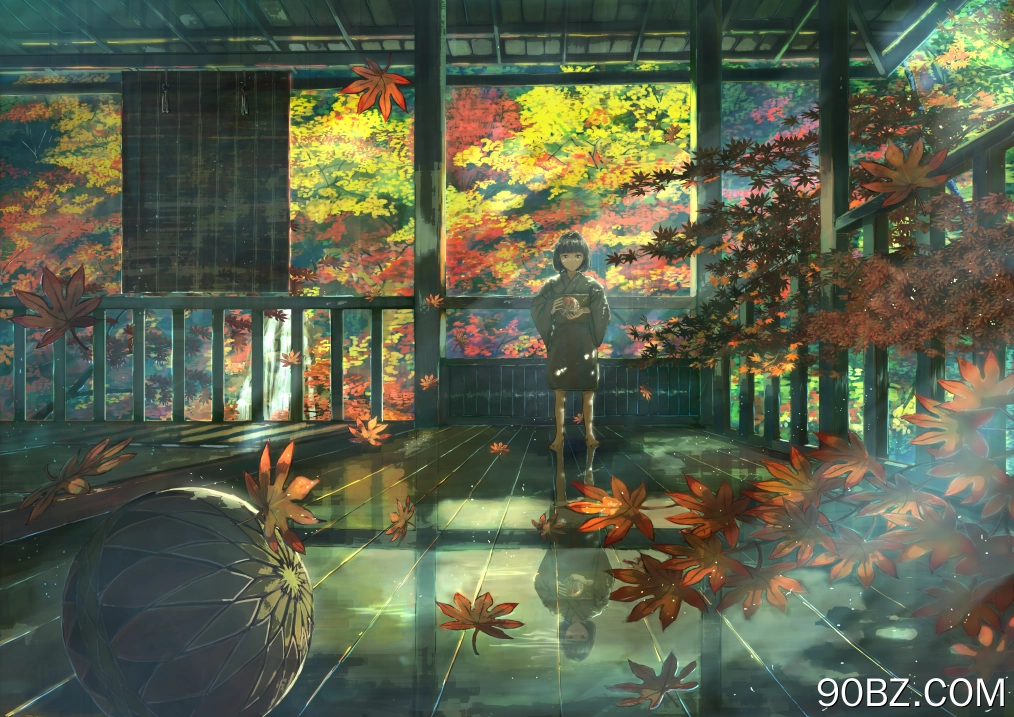 儿童 站立 樱花 动漫女孩 动漫 和服 球 树叶 秋天 树 倒影 阳光 插图  电脑壁纸 4K壁纸