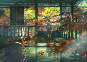 儿童 站立 樱花 动漫女孩 动漫 和服 球 树叶 秋天 树 倒影 阳光 插图  电脑壁纸 4K壁纸  4093x2894