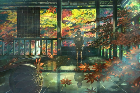 儿童 站立 樱花 动漫女孩 动漫 和服 球 树叶 秋天 树 倒影 阳光 插图  电脑壁纸 4K壁纸 4093x2894