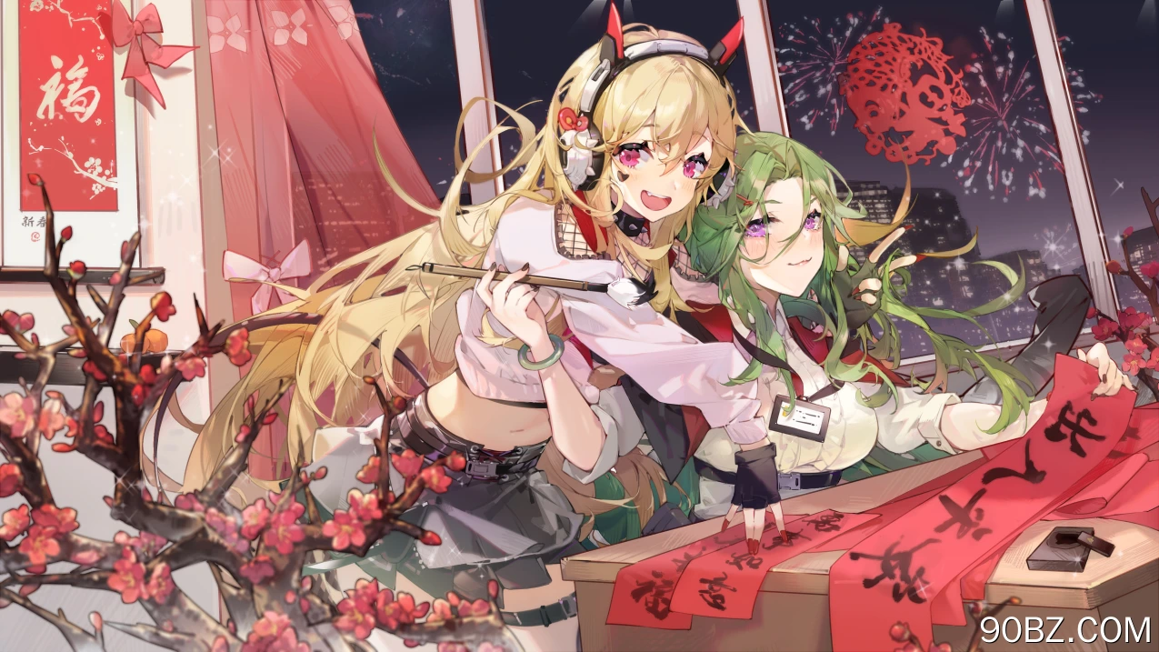 春节 烟花 梅花 剪纸 对联 砚 毛笔 红色 新年 喜庆 动漫 女孩 电脑壁纸 4K壁纸
