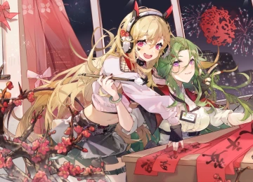 春节 烟花 梅花 剪纸 对联 砚 毛笔 红色 新年 喜庆 动漫 女孩 电脑壁纸 4K壁纸  3840x2160