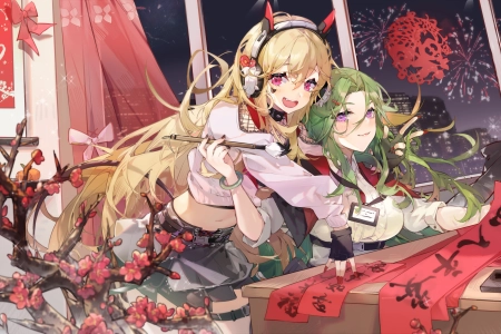 春节 烟花 梅花 剪纸 对联 砚 毛笔 红色 新年 喜庆 动漫 女孩 电脑壁纸 4K壁纸 3840x2160