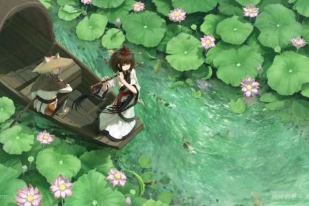 渔船 长笛 鲜花 睡莲 划船 女孩 女人 古风 仙侠 草帽 4K壁纸 3840x2160