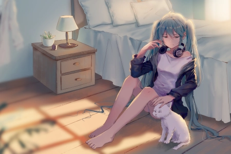 赤脚 女人 室内 长发 动漫 女孩 青色头发 耳机 猫 动物 哺动物 小提琴 初音 4K壁纸 3840x2160