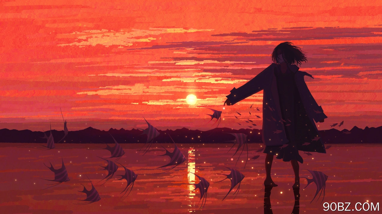 短发 插图 宽屏 日落 夕阳 鱼 剪影 天空 女性 角色 面具 宽松的衣服 4K壁纸